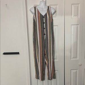 Gray, White, and Orange Striped Jumpsuit with V-Neckline